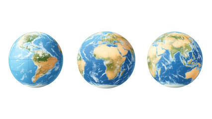 Stylized globes showcasing intricate continent designs, vibrant colors, ideal for educational and decorative use, transparent background.
