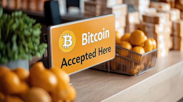 Crypto Market Boom Concept, Modern supermarket checkout with Bitcoin payment option and fresh produce