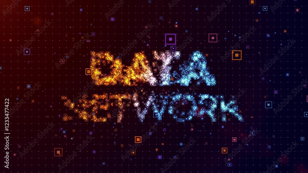 Poster dynamic animation featuring data network text revealed through particles and glitch effects, with ca