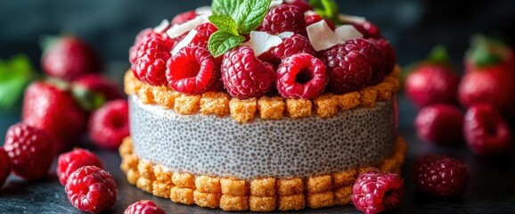 Fototapeta premium Delicious Raspberry Chia Seed Pudding Cake