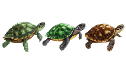 Vibrant turtles with stylized green and brown shells, perfect for digital art and design applications, featuring a transparent background.