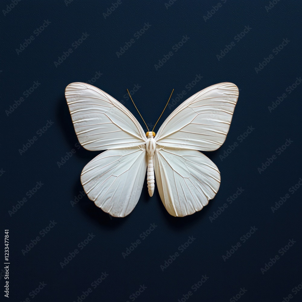 Poster delicate white butterfly on dark blue background displaying intricate wing patterns