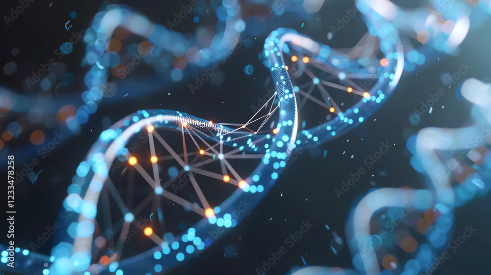 Poster detailed representation of dna structure with illuminated blue and orange elements in abstract forma