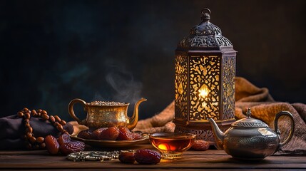 Ramadan food and drinks concept with lantern, arabian lamp, dates, tea, and wood rosary on dark wooden table