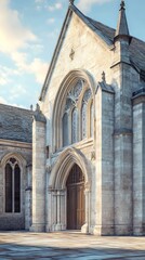 Stone church entrance bathed in sunlight