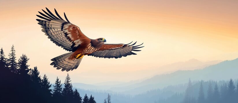 Majestic hawk soaring over a misty mountain landscape at sunset.