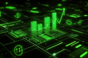 An upward financial trend glowing in neon green, layered with light trails