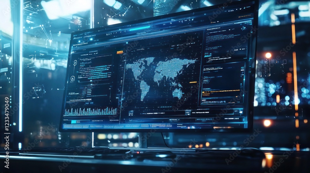 Poster global network monitoring system: futuristic tech display