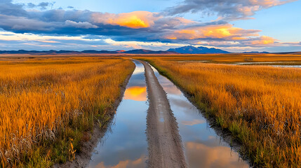Sunset over golden marsh, road reflecting sky, mountains background, travel photography