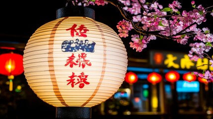 Illuminated Asian Lantern with Cherry Blossoms and Festive Lights
