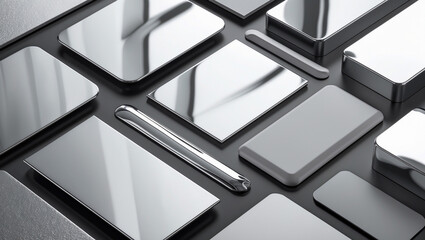 Collection of silver, chrome metallic gradient. Shiny silver effect plate