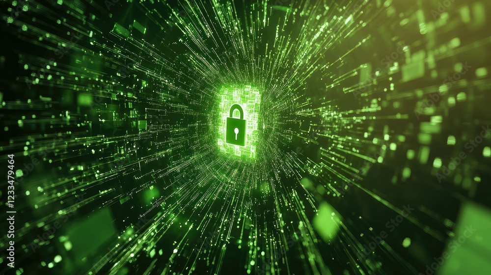 Poster digital security concept with green lock and data stream background