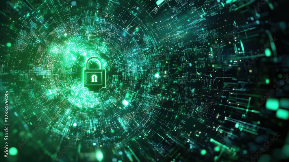 Poster digital security concept with green lock in technology background