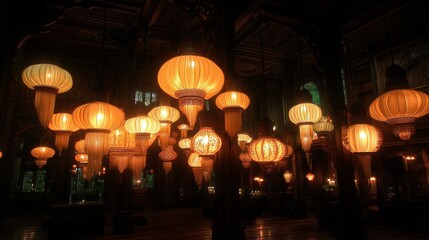 Illuminated Asian Temple Interior with Hanging Lanterns
