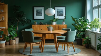 Mint color chairs at round wooden dining table in modern Scandinavian living room