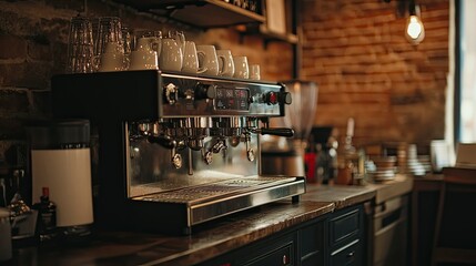 Vintage Espresso Machine in Cozy Cafe with Warm Atmosphere