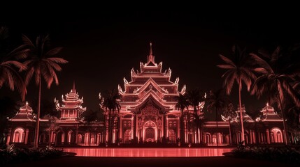 Fototapeta premium Illuminated Asian Temple Night Scene with Palm Trees