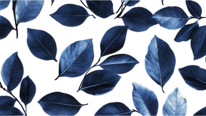 Dark Blue Leaves on White Background, elegant design featuring dark blue foliage with lighter veins, ideal for modern decor and graphic applications
