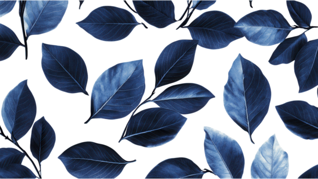 Dark Blue Leaves on White Background, elegant design featuring dark blue foliage with lighter veins, ideal for modern decor and graphic applications
