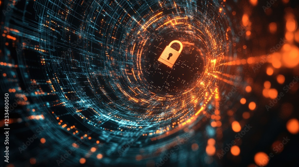 Poster digital security concept with lock and abstract data stream visuals