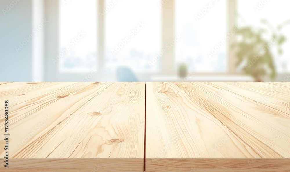 Poster a light wooden table surface in the foreground with a soft-focused modern office interior featuring 