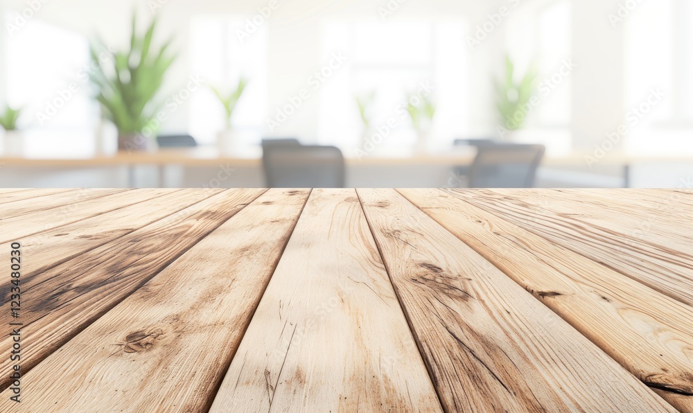 Poster an empty wooden table surface with a blurred modern office background featuring green plants and bri