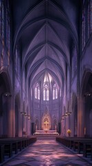 Fototapeta premium Tranquil cathedral interior, bathed in purple light.