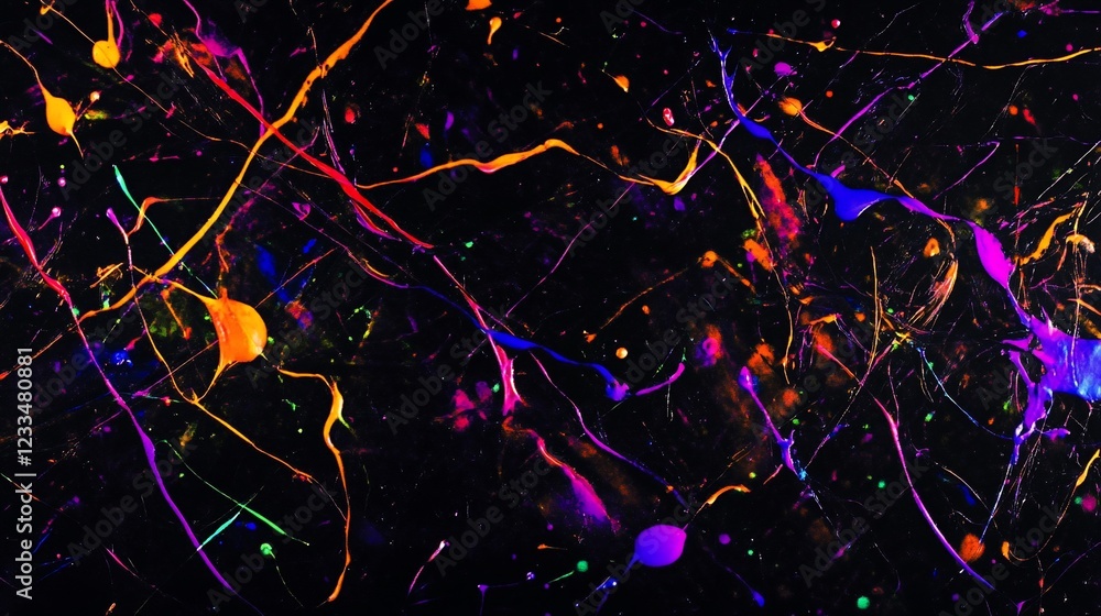 Poster abstract vibrant paint splatters on a dark backdrop creates a dynamic design