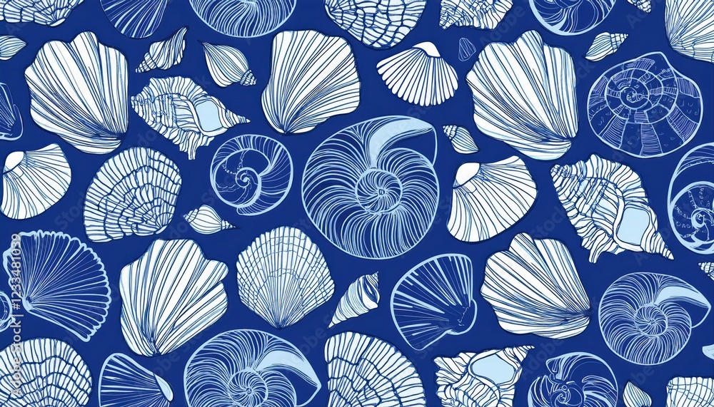 Poster vibrant seaside print handdrawn doodle of a patterned sea shells and fossils with a summer beach moo