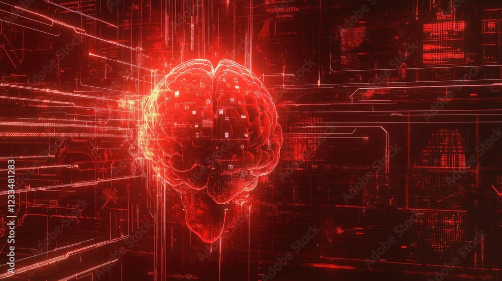 Aufkleber futuristic digital brain render with glowing red hues and data overlay