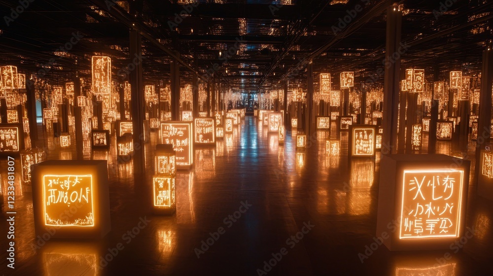 Poster illuminated cubes with asian script in a corridor
