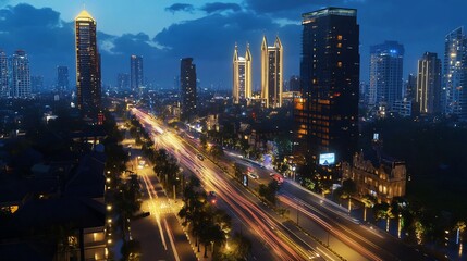 Obraz premium City at Night with Street Lights and Tall Buildings Creates a Stunning View