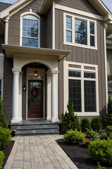 Modern House Exterior: Architectural Design and Landscaping.  A stunning home with grey siding, large windows, and a welcoming entrance.  Perfect for real estate listings and home design inspiration.