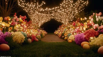 Fototapeta premium Illuminated Easter Garden Path with Flowers and Eggs