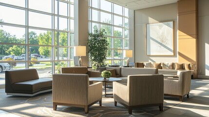 Fototapeta premium Sunlit Lobby Interior Design: Modern elegance meets natural light in this contemporary lounge space.