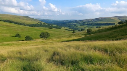Fototapeta premium Vast Green Hill Landscape Under Partly Cloudy Sky