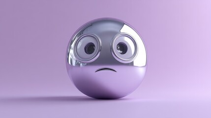 A metallic rolling-eyes emoji, rendered with a silver finish on a lavender background 