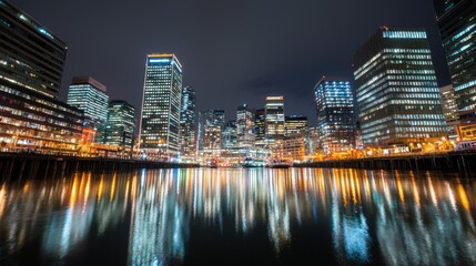 Nighttime Cityscape Reflection Over Calm Water