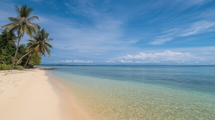 A scenic coastal beach with crystal-clear waters and palm trees against a blue sky, Beach scene, Tropical paradise style
