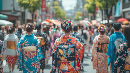 Fototapeta premium The lively Honen Matsuri festival with many people wearing traditional kimonos, carrying symbols of great good fortune and participating in street parades, Ai generated images