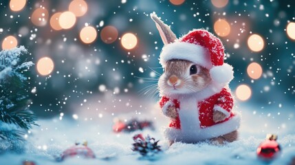 Fototapeta premium Little tiny bunny dressed up as Santa claus on snowing and christmas tree background.