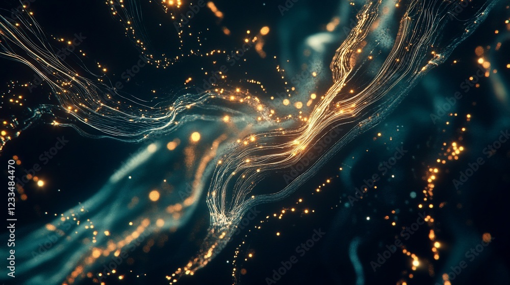 Poster abstract image featuring flowing lines and golden bokeh on a dark blue background