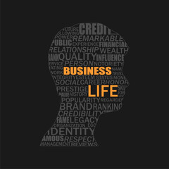 Young man improving reputation concept. Businessman head icon filled with relative keywords