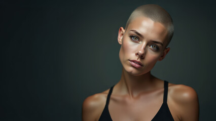 A beautiful woman with shaved blond hair and a radiant complexion. Looking directly at the camera. Studio portrait. Wearing a halter top. Confident gaze. Sensual and alluring. Deep green backdrop.