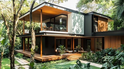 Modern jungle house, tropical architecture, outdoor deck, lush garden. Ideal for real estate, architecture websites