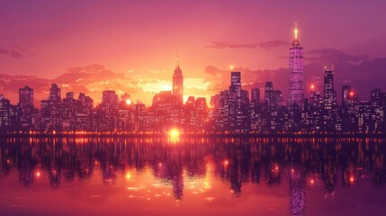Fototapeta premium Cityscape sunset reflection, urban skyline, vibrant colors, waterfront, design