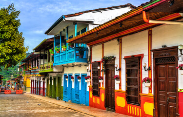 Vibrant colonial architecture in the historic old town of Jardin, Antioquia, Colombia