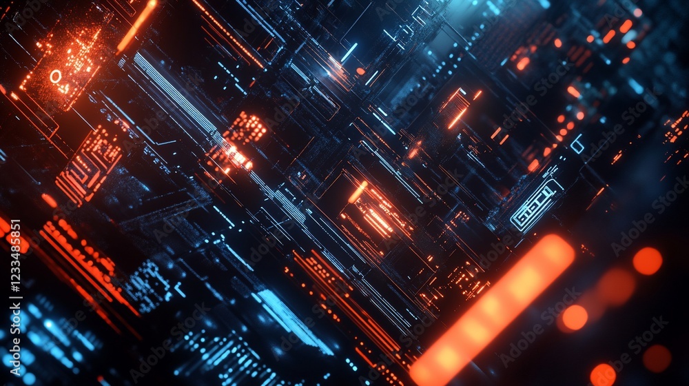 Poster abstract futuristic tech background with glowing lines and circuit board pattern