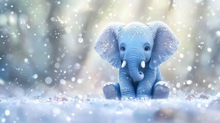Adorable baby elephant covered in snow, sitting in a winter wonderland.