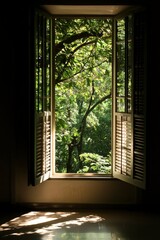 Fototapeta premium Sunlight streams through open window revealing lush green trees